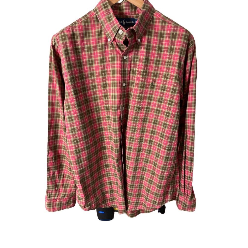 Ralph Lauren Brown Red Button Down Plaid Long Sleeve Shirt Sz L